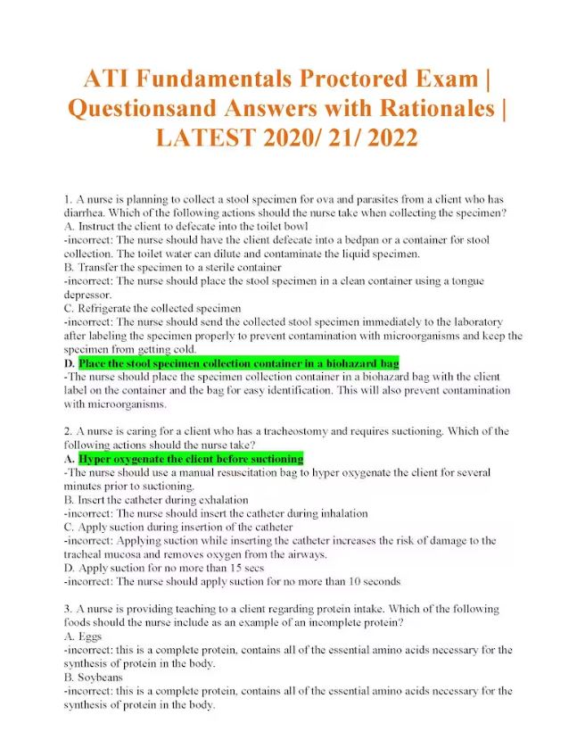 ATI Fundamentals Proctored Exam | Questionsand Answers with Rationales | LATEST 2020/ 21/ 2022