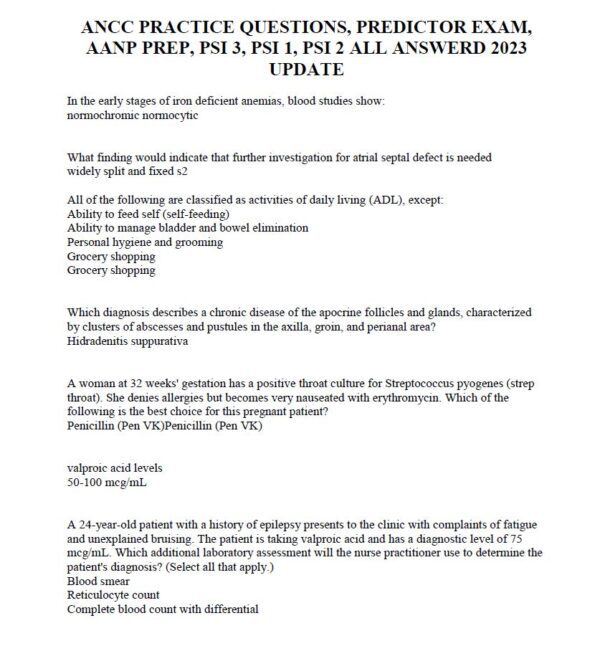 ANCC PRACTICE QUESTIONS PREDICTOR EXAM AANP PREP PSI 3 PSI  1PSI 2 ALL ANSWERD 2023 UPDATE