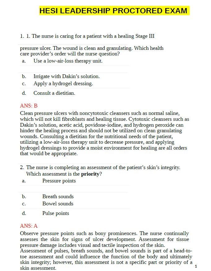 HESI LEADERSHIP PROCTORED EXAM 2024 / 2025